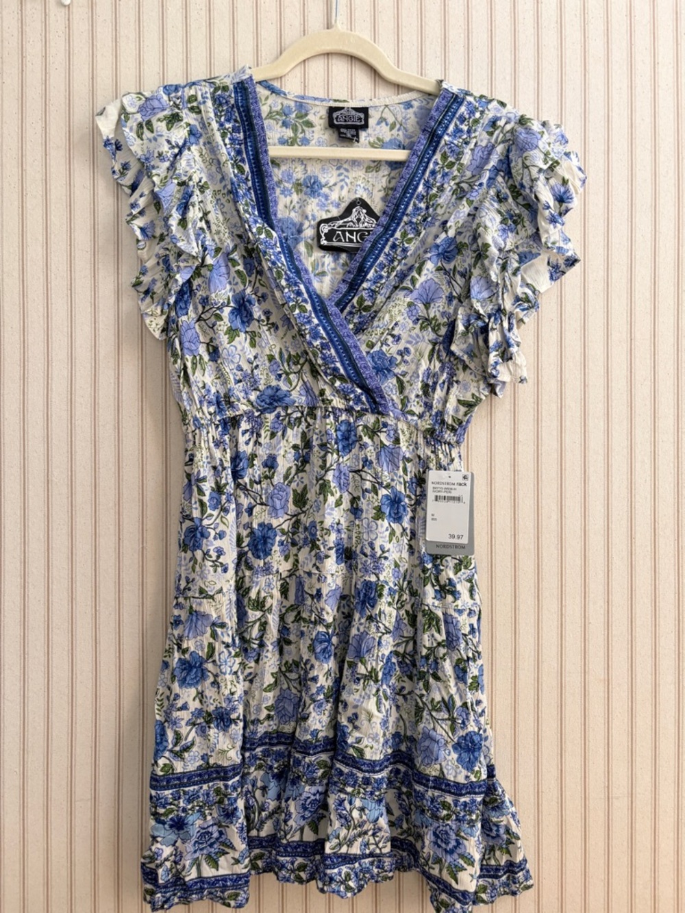 Angie White and Blue Floral Ruffled V-Neck Mini Dress